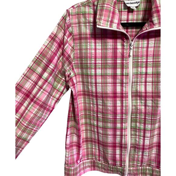 Breckenridge Womens Zip Up Collared Shacket Medium Pink Green Plaid Preppy Thin - Picture 4 of 11